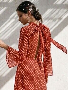 BOOHOO Red Polka Dot High Neck Asymmetric Midi Dress 6